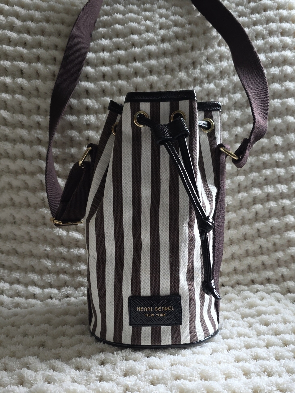 Henri Bendel Brown & White Striped Canvas Drawstring Wine Bag